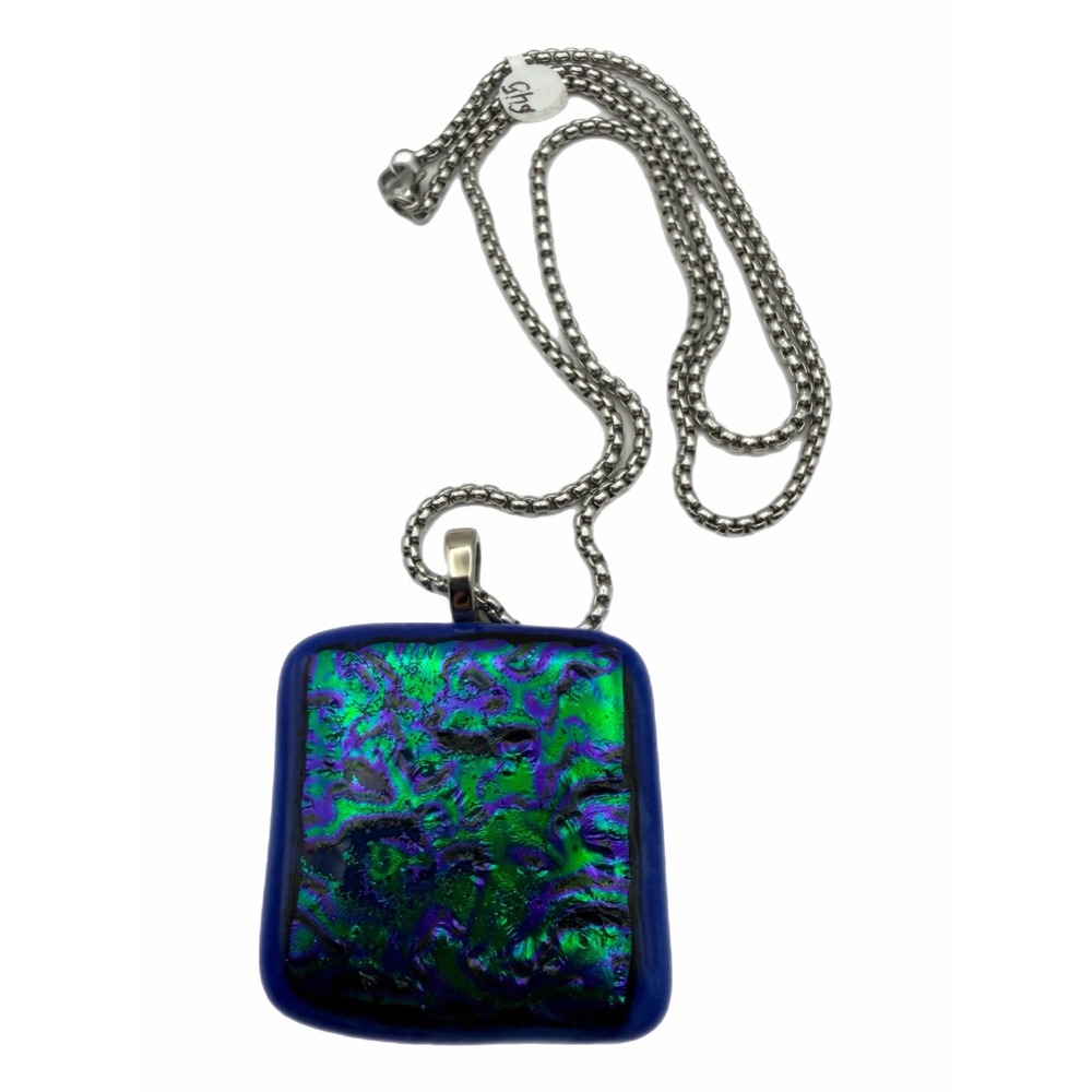 Dichroic Art Glass Pendant Necklace Iridescent Green Purple Blue Square Charm